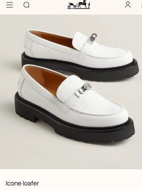 Hermes ICONE White Leather Loafers with Black Lug Sole and Silver Hardware